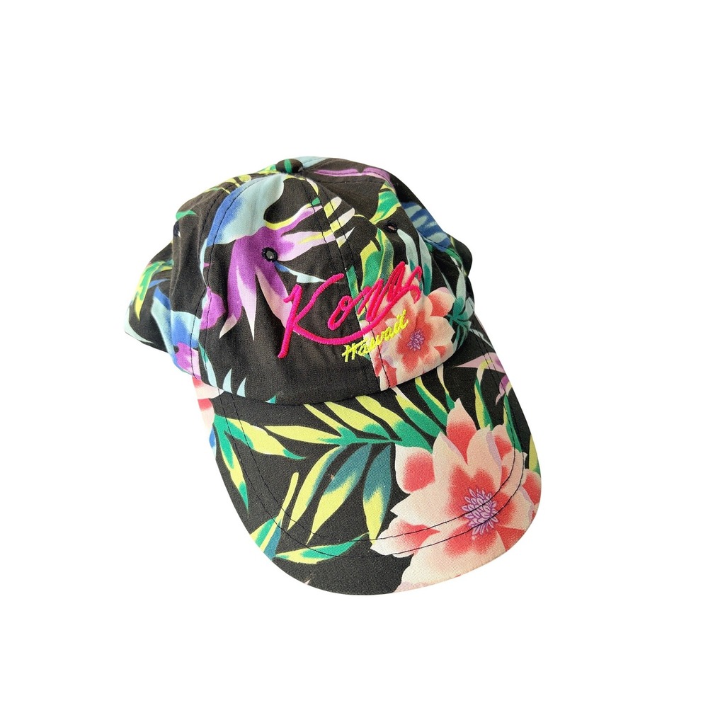 Vtg Kona HAWAIIAN HEADWEAR Hawaii Floral Snapback Hat Black Pink Aloha Surf Y2K